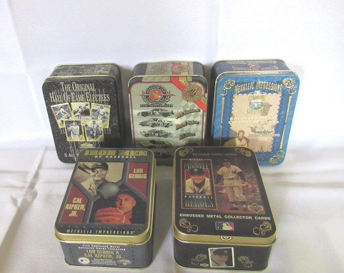 Choice of VTG Avon Nascar Baseball Embossed Metal Collector Cards in Decorative Tins (Bx 5)