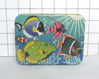 Vtg Collector's Tin Decorated with Fish Contains 2 Decks of Playing Cards 5" x 4"