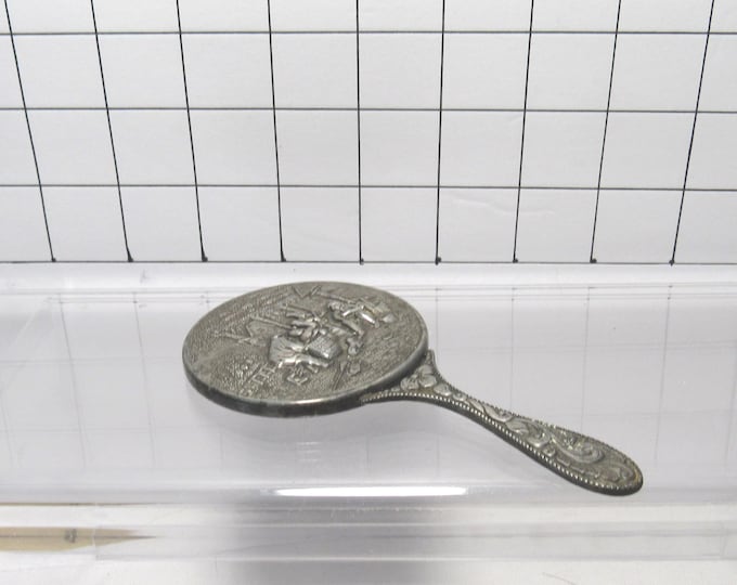 VTG Small Antique Silver or Pewter Hand Mirror 5 1/4" Denmark (H)