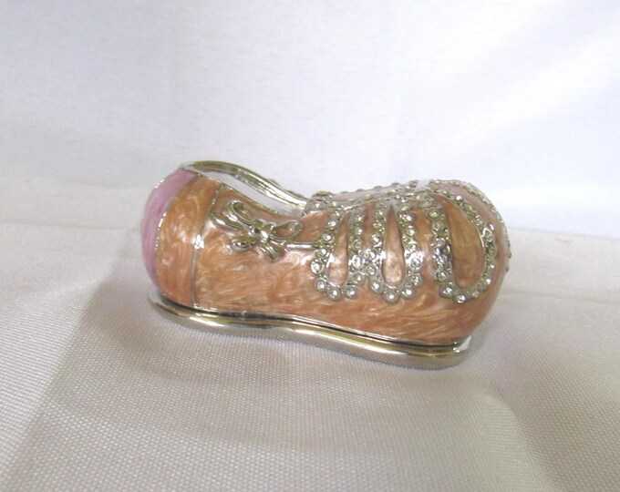 Vintage Bejeweled Pink Enamel Slipper Metal Trinket Box