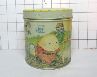Vintage Nursery Rhyme Tin Bank Collectible Metal Canister Storybook Parade Can - Empty