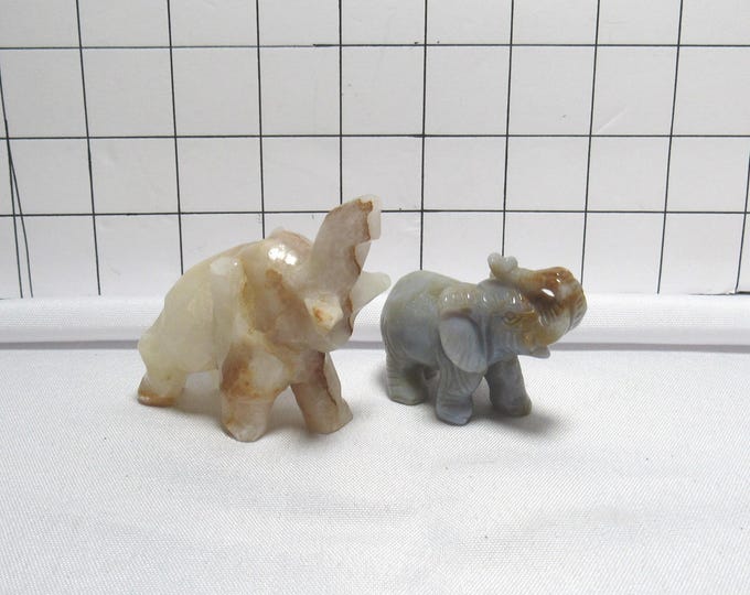 Set of 2 Trunks Up Onyx Stone Marble Carved Elephants
