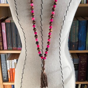 Mala Beads/Prayer Beads/Mala Bead Necklace/Buddhist Beads/Meditation Beads/Mantra Beads/Pink Brown Wooden Bead Necklace/Bead Tassel Necklace