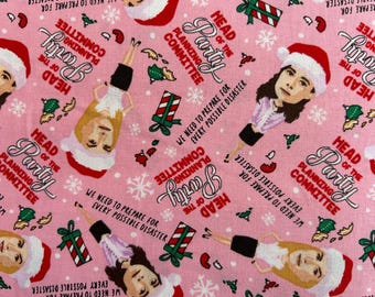 May include: A pink fabric featuring a repeating pattern of cartoon characters wearing Santa hats, green and red gift boxes, and white snowflakes. The text reads Head of the Party Planning Committee and We need to prepare for every possible disaster.
