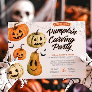 May include: A rectangular invitation card for a Pumpkin Carving Party featuring illustrations of four jack-o'-lanterns and black bats. The text reads: Join us for a Pumpkin Carving Party, Sara & Kerry's House, 123A Boo Street Tuscon, Arizona 98738.