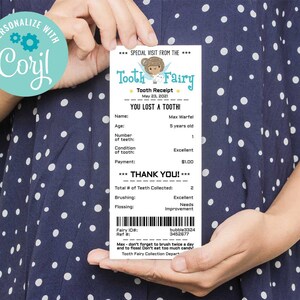 May include: A Tooth Fairy receipt with a cartoon tooth fairy illustration. The receipt is for Max Warfel, who lost a tooth. The receipt includes details like the date, age, number of teeth, condition of teeth, payment, and a thank you message.