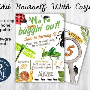 May include: A printable invitation for a child's 5th birthday party. The invitation features a watercolor illustration of bugs and the text "We're buggin' out! Sam is turning 5! Buzz, hop or crawl on by for a wild party!" The invitation also includes the date, time, and location of the party.