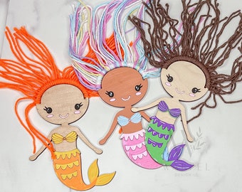 DIY Mermaid Craft Kit for girls, Wooden Mermaid Yarn Hair, Mermaid birthday party favors, summer craft activity, easter basket filler