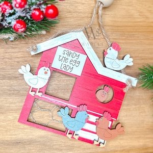 Custom Chicken Coop Ornament, Wooden Christmas ornament for Chicken lovers, Egg dealer, backyard chickens, Christmas chicken decor