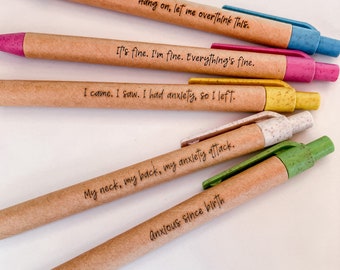 Anxiety cardboard engraved ballpoint pen set, humorous colorful pen set, anxious since birth, gag gift pens, Everything’s fine