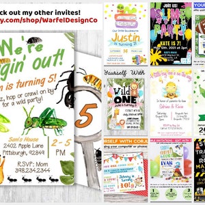 May include: A collage of ten printable birthday party invitations featuring various themes, including bugs, slime, sports, and construction. The invitations are colorful and feature illustrations of bugs, slime, footballs, and construction equipment. The text on the invitations includes the names of the birthday children, their ages, and the dates and times of the parties.