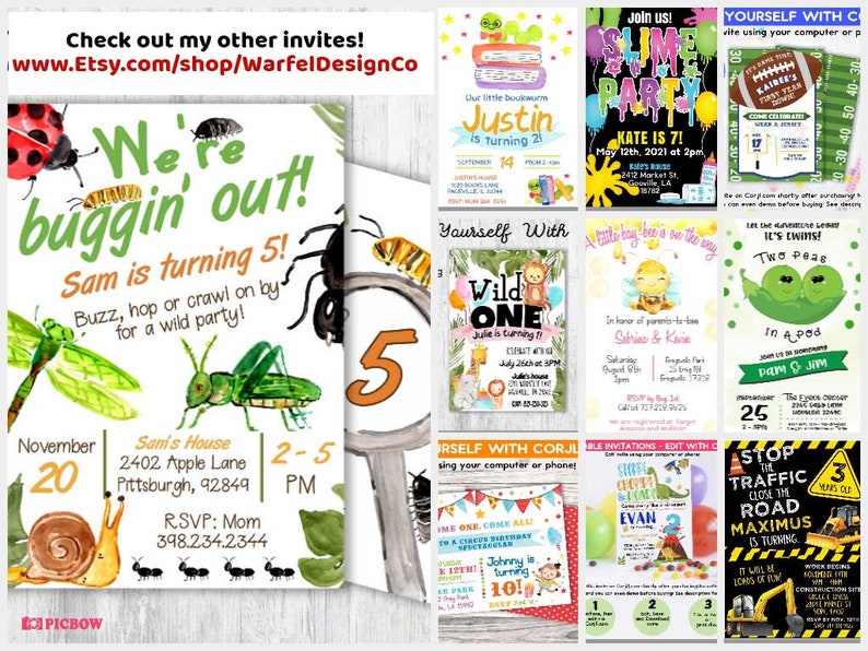 May include: A collage of ten printable birthday party invitations featuring various themes, including bugs, slime, sports, and construction. The invitations are colorful and feature illustrations of bugs, slime, footballs, and construction equipment. The text on the invitations includes the names of the birthday children, their ages, and the dates and times of the parties.