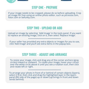 May include: Photo instructions for uploading and editing images for a product listing. The instructions include steps for preparing, uploading, and adjusting images. The steps are outlined in three sections: Prepare, Upload or Add, and Adjust and Arrange.