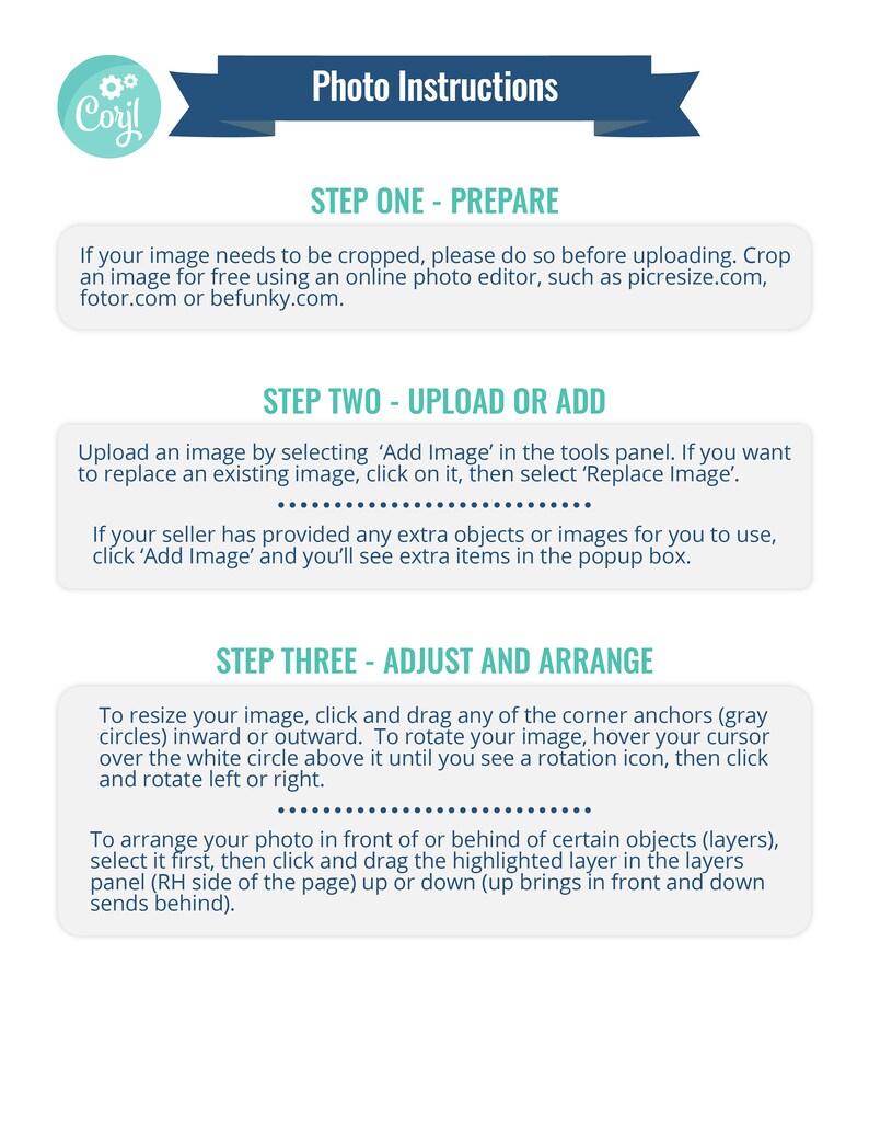 May include: Photo instructions for uploading and editing images for a product listing. The instructions include steps for preparing, uploading, and adjusting images. The steps are outlined in three sections: Prepare, Upload or Add, and Adjust and Arrange.
