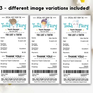 May include: Three tooth fairy receipts with a blue and white color scheme. Each receipt has a cartoon tooth fairy, a tooth, and the text "Tooth Fairy" at the top. The receipts are for a child named Max Warfel, who lost a tooth. The receipts include the date, the number of teeth lost, the condition of the tooth, and a thank you message. The receipts also include a barcode and a message about brushing and flossing.
