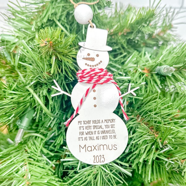 Personalized Snowman ornament for child, keepsake memorial gift, Snowman height Ornament with string, Baby's first Christmas, Child Keepsake