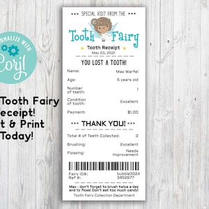 Tooth Fairy Receipt Printable, Tooth Fairy note, Tooth Fairy Certificate, Personalized Tooth Fairy Letter for kids, Tooth Fairy Printable