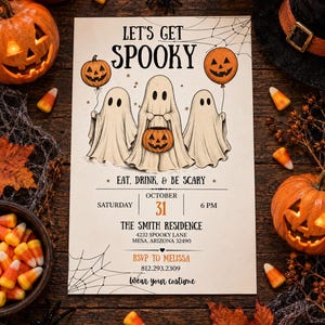 May include: A rectangular Halloween party invitation featuring three ghosts, two orange pumpkin balloons, and a central pumpkin bucket. The text reads: LET'S GET SPOOKY, EAT, DRINK, & BE SCARY, OCTOBER 31, THE SMITH RESIDENCE, 4232 SPOOKY LANE, MESA, ARIZONA 32490, RSVP TO MELISSA 812.293.2309, Wear your costume.