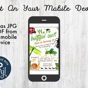 May include: A digital invitation for a child's birthday party with a bug theme. The invitation is green and orange with a picture of a ladybug, a dragonfly, a grasshopper, and a snail. The text on the invitation reads "We're buggin' out! Sam is turning 5! Buzz, hop or crawl on by for a wild party!"