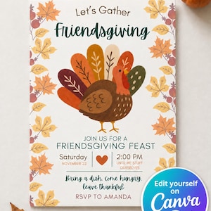 May include: A rectangular Friendsgiving invitation card featuring a central illustration of a turkey with colorful patterned feathers. The text reads Let's Gather Friendsgiving, Join us for a Friendsgiving feast, Saturday November 22, 2:00 PM, and RSVP to Amanda. The border is decorated with orange and yellow autumn leaves.