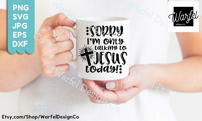 May include: White ceramic mug with a black design that says "Sorry I'm only talking to Jesus today!" with a cross and sunburst behind the word "Jesus".