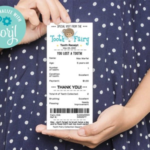 May include: A Tooth Fairy receipt with a cartoon fairy illustration. The receipt is for Max Warfel, age 5, for losing a tooth. The receipt includes a payment of $1.00 and a thank you message.