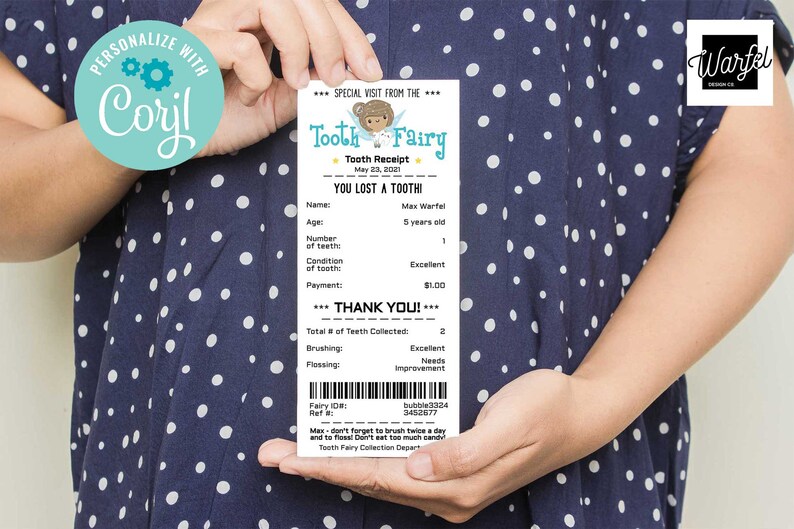May include: A Tooth Fairy receipt with a cartoon fairy illustration. The receipt is for Max Warfel, age 5, for losing a tooth. The receipt includes a payment of $1.00 and a thank you message.