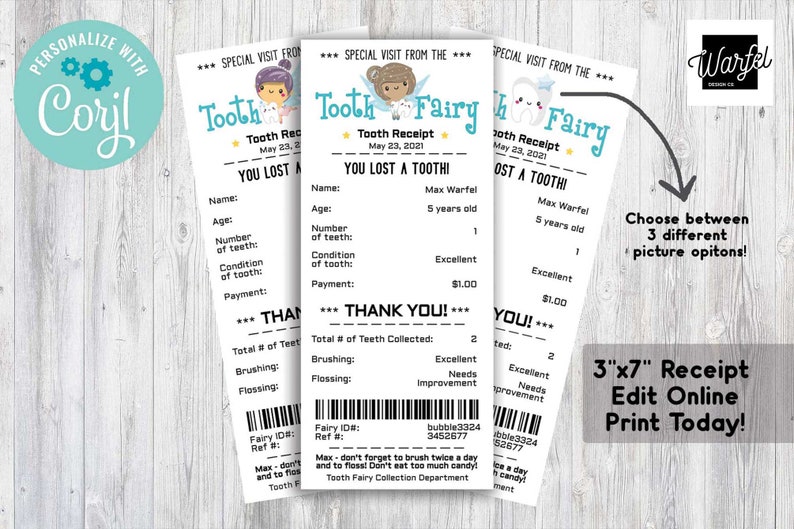 May include: A printable tooth fairy receipt template with a cartoon tooth fairy and the text "Tooth Fairy Receipt" and "You Lost A Tooth!"  The receipt includes fields for the child's name, age, number of teeth, condition of tooth, and payment. The receipt also includes a section for the tooth fairy to write a message to the child.