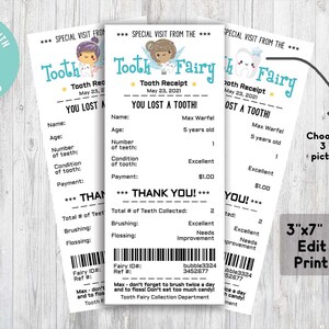 May include: A printable tooth fairy receipt template with a cartoon tooth fairy and the text "Tooth Fairy Receipt" and "You Lost A Tooth!"  The receipt includes fields for the child's name, age, number of teeth, condition of tooth, and payment. The receipt also includes a thank you message and a reminder to brush twice a day and floss.