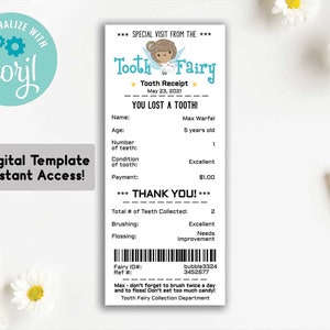 May include: A printable tooth fairy receipt template with a cartoon tooth fairy illustration. The receipt includes fields for the child's name, age, number of teeth, condition of teeth, payment, brushing, and flossing. The text "Tooth Fairy Collection Department" is at the bottom of the receipt.