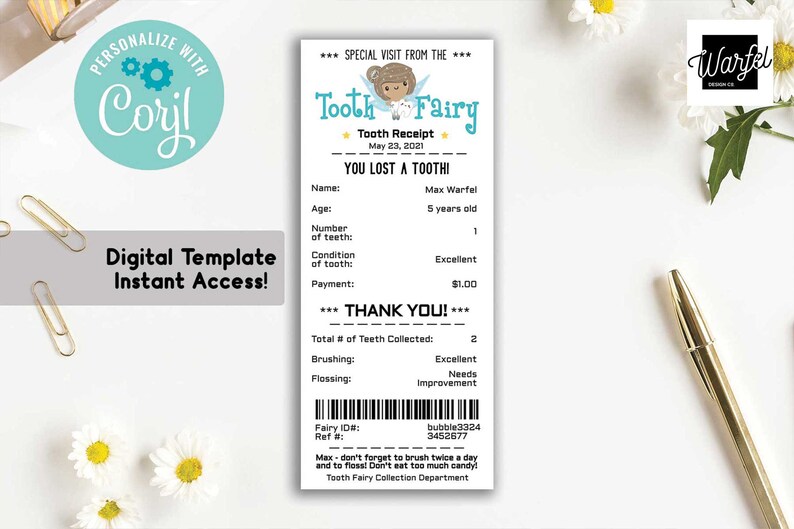 May include: A printable tooth fairy receipt template with a cartoon tooth fairy illustration. The receipt includes fields for the child's name, age, number of teeth, condition of teeth, payment, brushing, and flossing. The text "Tooth Fairy Collection Department" is at the bottom of the receipt.