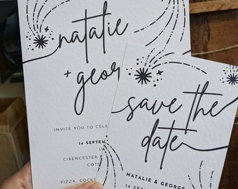 May include: Save the date card with black ink on white cardstock. The card features a stylized firework design and the text "save the date" with the names "Natalie & George" and the date "14 September 2024".
