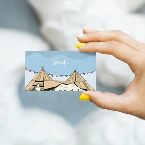 ティピをテーマにした席札、フェスティバルテーマの席札、結婚式の席札、結婚式の席札、テーブルの席札