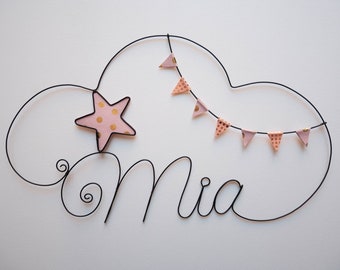 Nuage prénom personnalisable  fil de fer, décoration murale pour chambre d'enfant, plaque de porte prénom, cadeau de naissance,