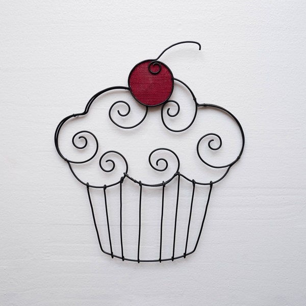 Cup cake en fil de fer recuit, décoration murale cuisine, décoration métallique, art food, gâteau, pâtisserie, cerise, french kitchen wire