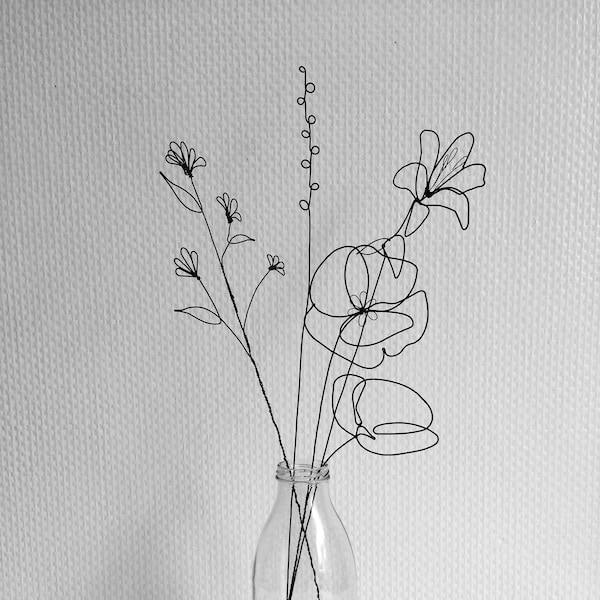 Bouquet de 4 fleurs en fil de fer recuit, coquelicot et fleur des champs, décoration florale en fil de fer, déco bohème, déco nature, cadeau