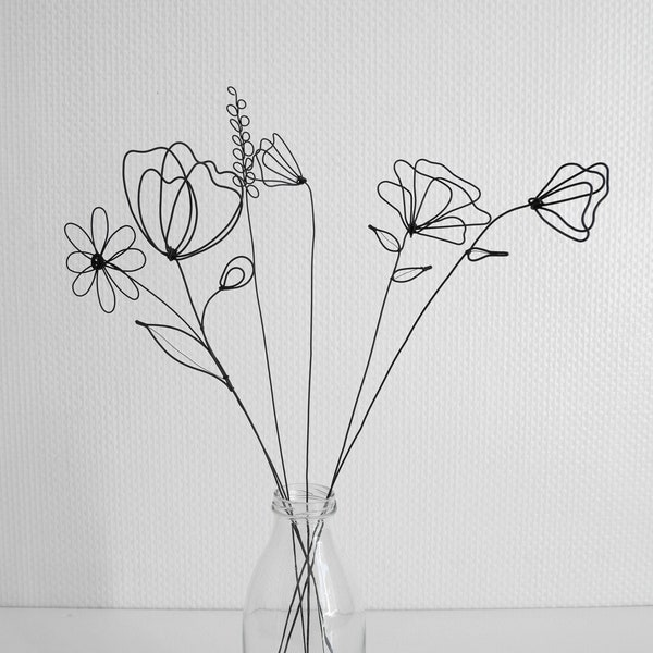 Bouquet of 6 flowers in annealed wire, poppy and daisy, floral decoration, nature decoration, herbs, seeds, poppy, flowers