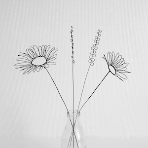 Ramo de flores 4 flores en alambre recocido flores silvestres, decoración floral de la pared, decoración de la naturaleza, amapola, margarita, margarita