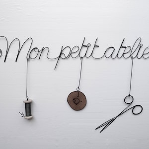 Wire phrase My little workshop with accessories, annealed wire phrase, wire wall quote, workshop wall decoration