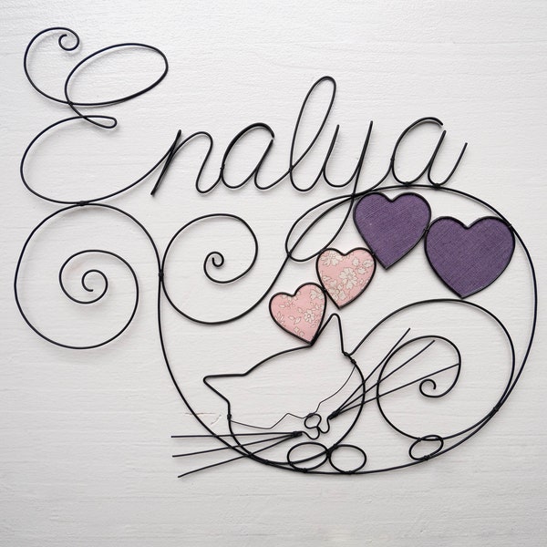 First name wire, customizable first name with cat, annealed wire, decoration child's room, birth gift, door plate