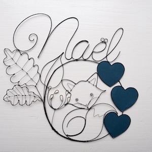Customizable wire first name, annealed wire first name, first name with fox, metal leaf, autumn theme, birth gift