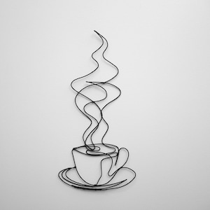Coffee or tea cup wall decoration, real annealed wire decoration, Restaurant, kitchen wall decoration, metal sculpture