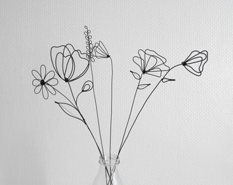 Bouquet of 6 flowers in annealed wire, poppy and daisy, floral decoration, nature decoration, herbs, seeds, poppies, bouquet