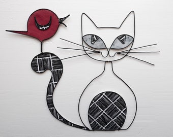 Katze aus geglühtem Draht, Katzensilhouette, Wanddekoration, Drahtvogel, dekorative Phrase, Wort, Zitat, Naturdekoration, Retro-Dekoration