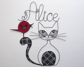 Anpassbarer Vorname aus Draht, Alice, geglühter Draht, schwarze Katze, Metallvogel, Geschenkidee zur Geburt, anpassbares Geschenk
