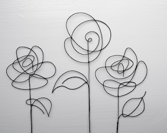 Set of 3 Roses Wire Flowers, annealed, flower to hang, floral wall decoration, boho nature decoration, bouquet of flowers