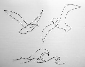 2 Wire birds and wave, wire seagull, wire wall decoration, boho nature decoration, ocean theme sculpture