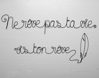 Phrase murale en fil de fer , ne rêve pas ta vie vis ton rêve, écriture fil de fer, message fil de fer recuit, phrase fil de fer, plume