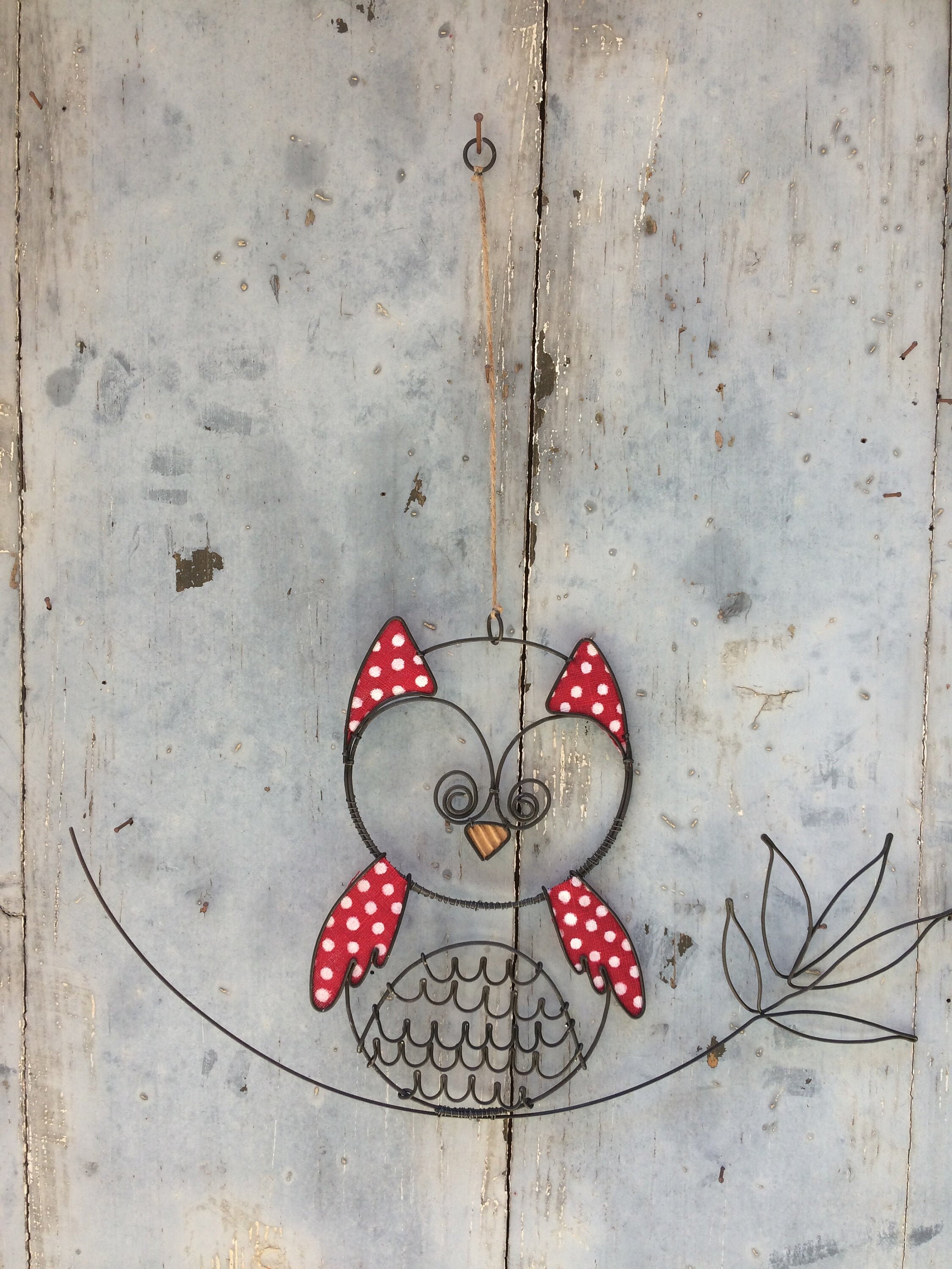 Chouette, Hibou, Oiseau en Fil de Fer Recuit, Décoration Murale, Métal avec Tissu et Carton, Phrase 