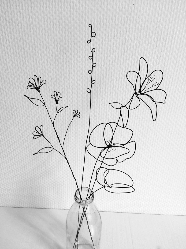 Bouquet of 4 flowers in annealed wire, poppy and wildflower, floral wire decoration, boho nature decoration, mistress gift image 3